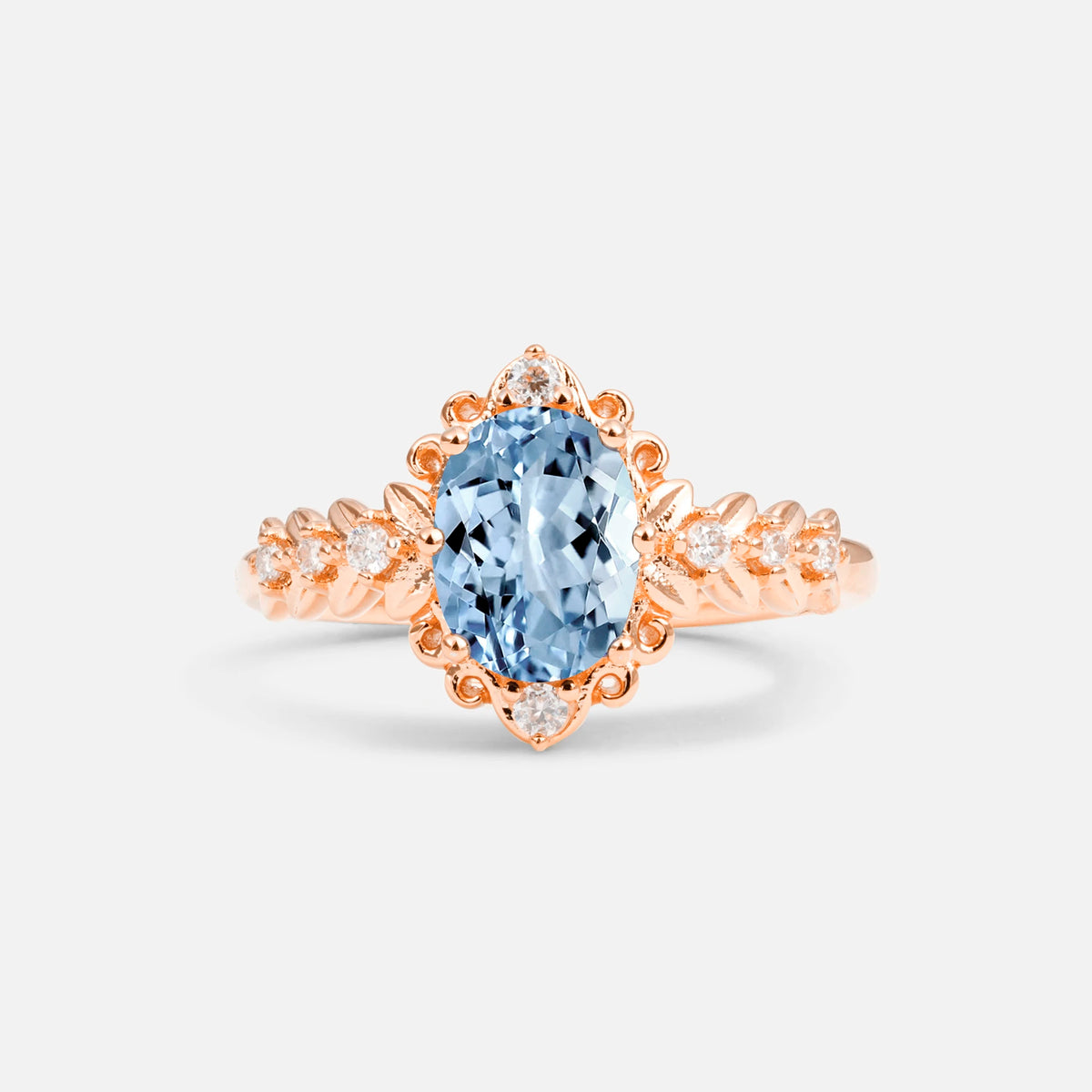 Oval Cut Aquamarine Floral Leaf Halo Engagement Ring - Additional view