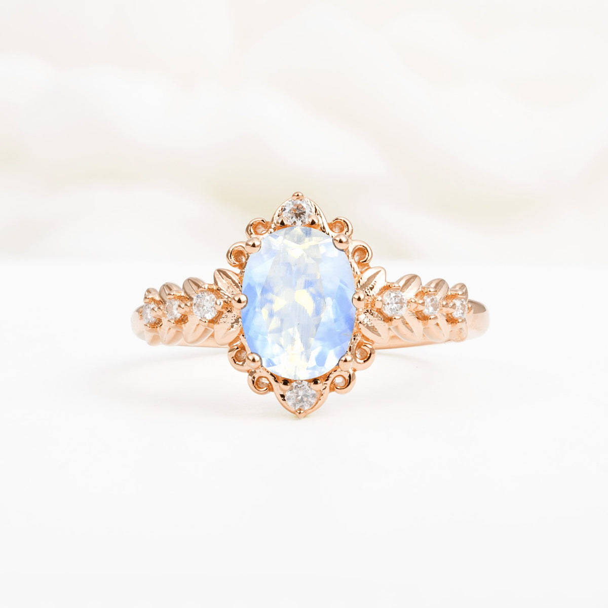 Oval Cut Moonstone Floral Leaf Halo Engagement Ring - Additional view