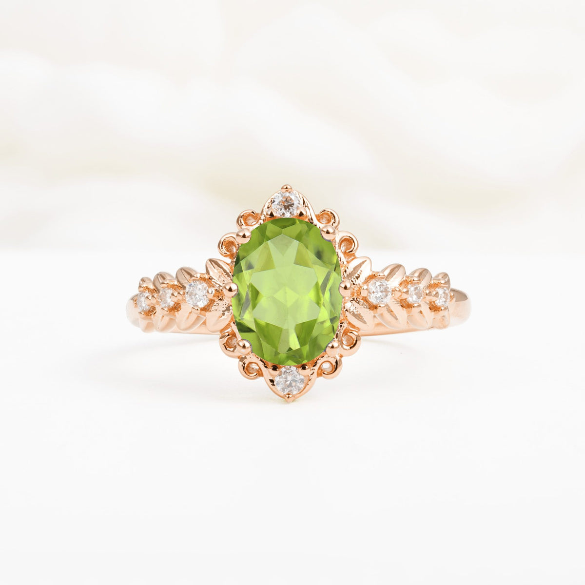 Oval Cut Peridot Floral Leaf Halo Engagement Ring - Additional view