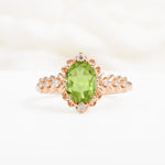 Oval Cut Peridot Floral Leaf Halo Engagement Ring - Additional view