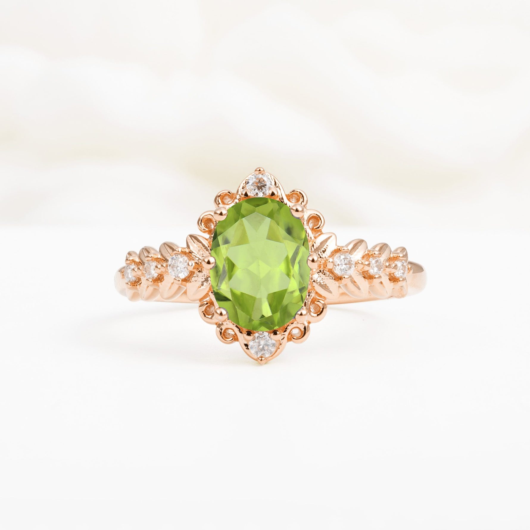 Oval Cut Peridot Floral Leaf Halo Engagement Ring - Additional view
