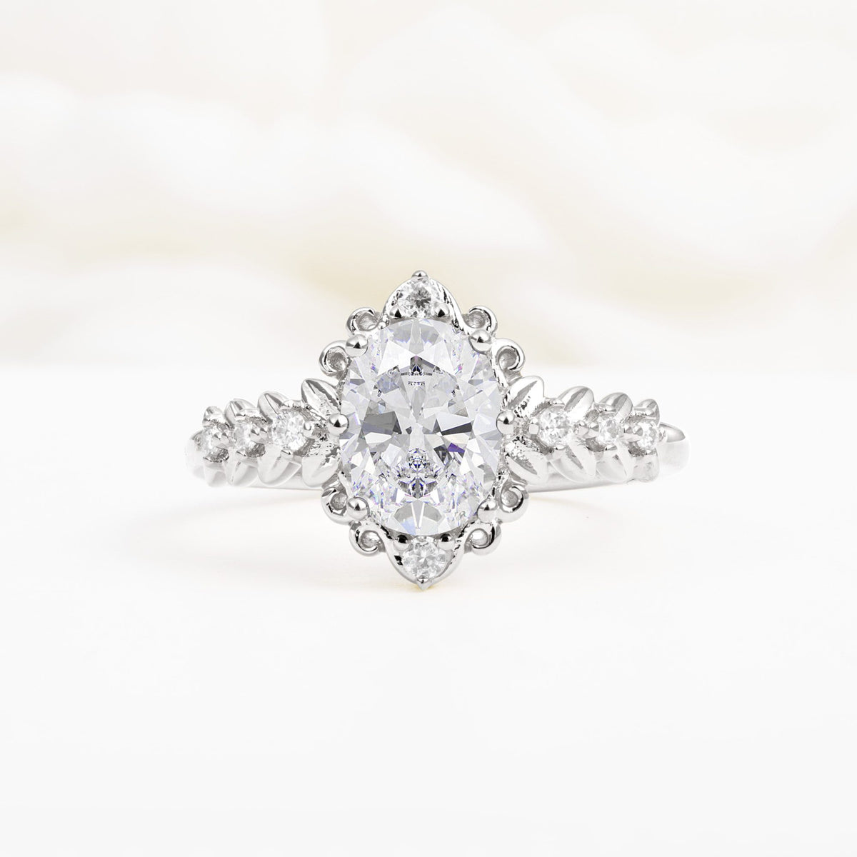 Oval Cut Moissanite Floral Leaf Halo Engagement Ring - Additional view