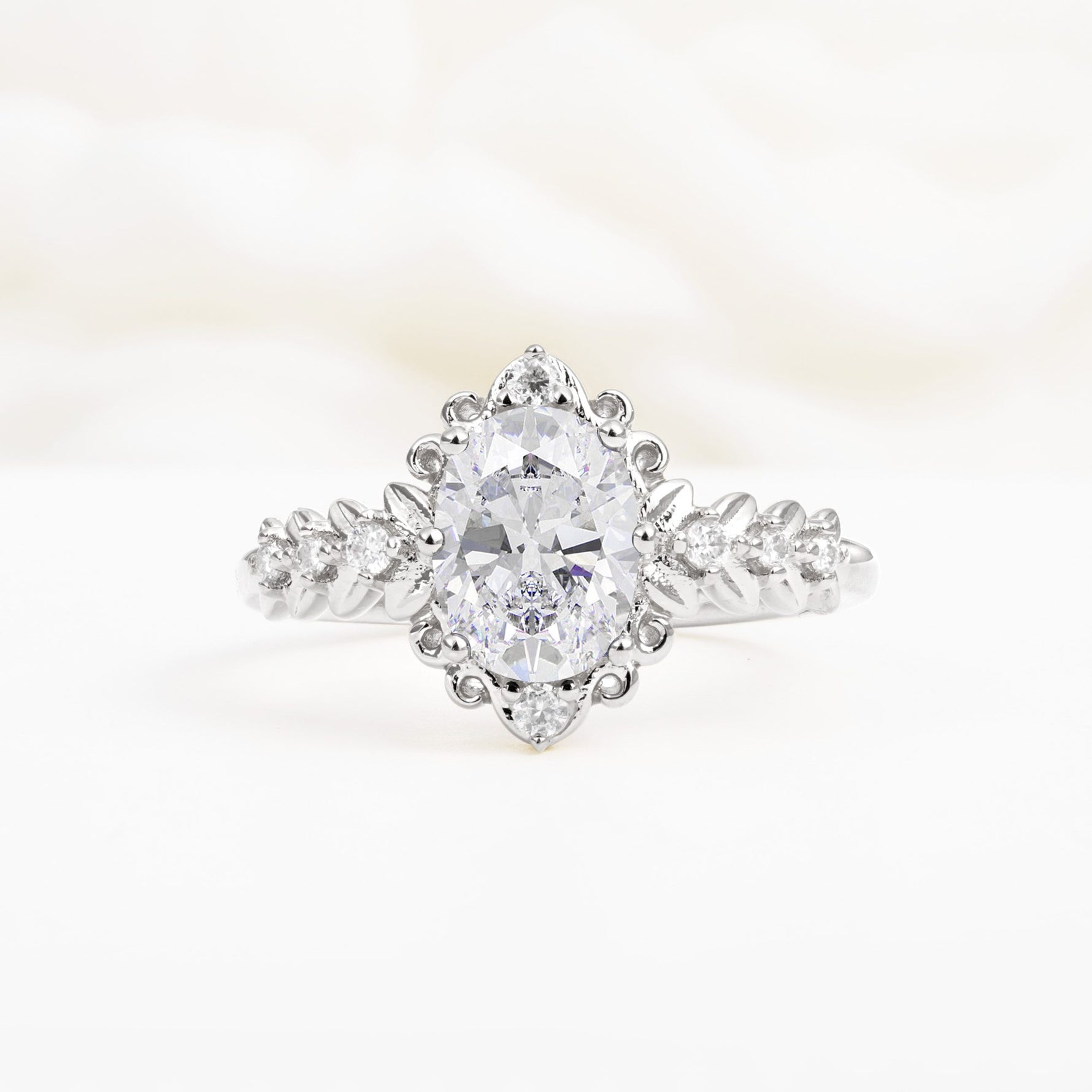 Oval Cut Moissanite Floral Leaf Halo Engagement Ring - Additional view