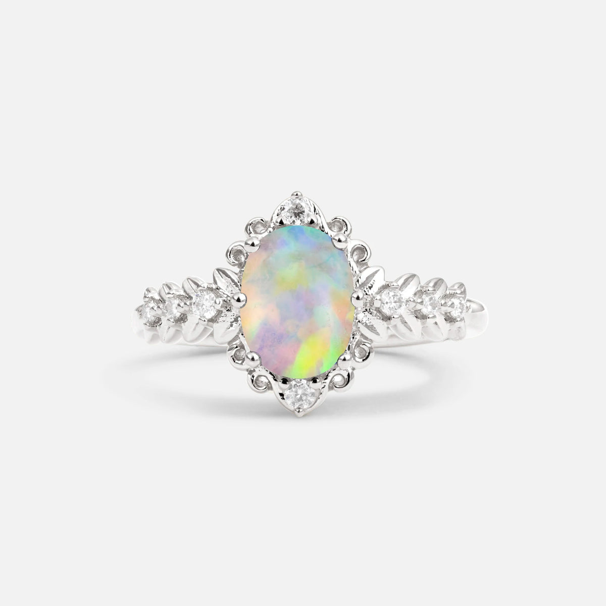 Oval Cut Fire Opal Floral Leaf Halo Engagement Ring - Additional view