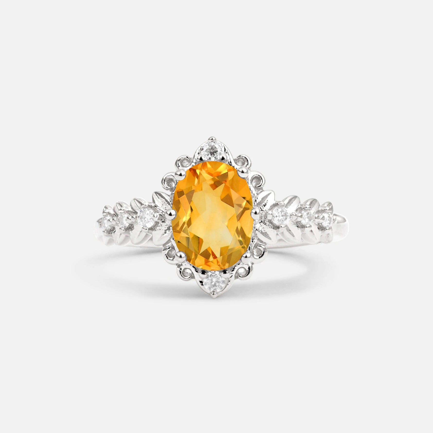 Oval Cut Citrine Floral Leaf Halo Engagement Ring - Additional view