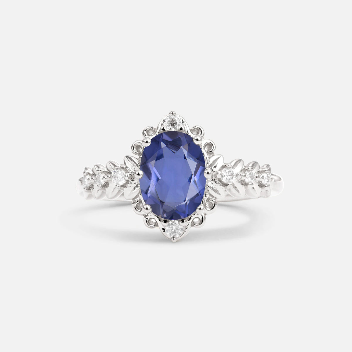 Oval Cut Tanzanite Floral Leaf Halo Engagement Ring - Additional view