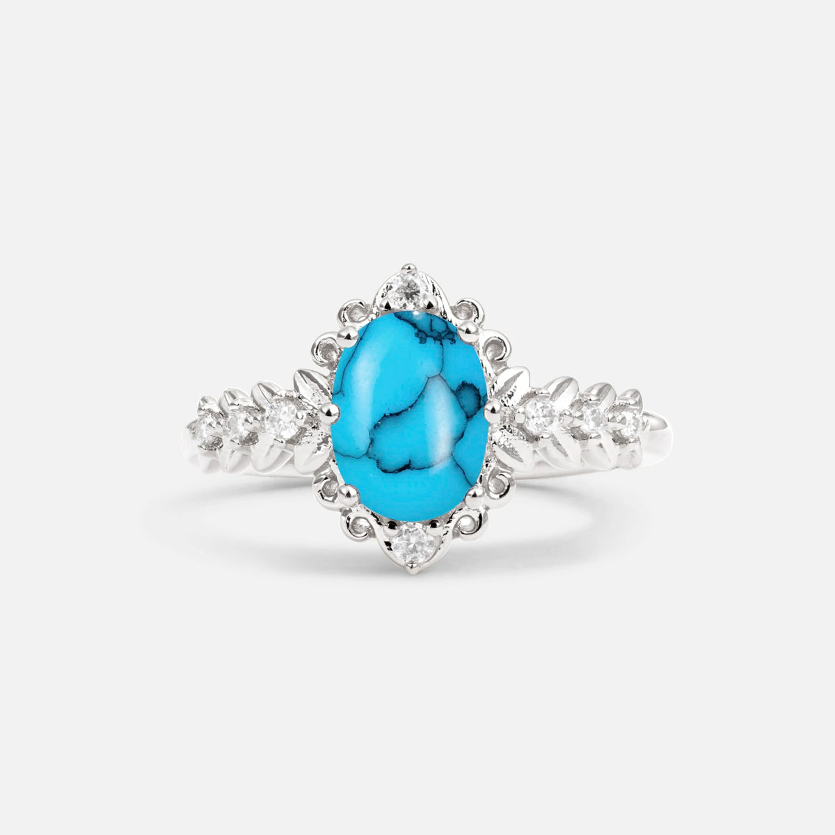 Oval Cut Turquoise Floral Leaf Halo Engagement Ring - Additional view