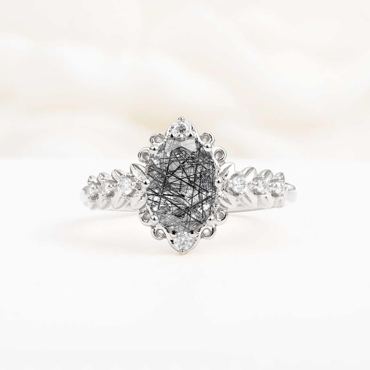 Oval Cut Black Rutilated Quartz Floral Leaf Halo Engagement Ring - Additional view