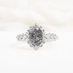 Oval Cut Black Rutilated Quartz Floral Leaf Halo Engagement Ring - Additional view