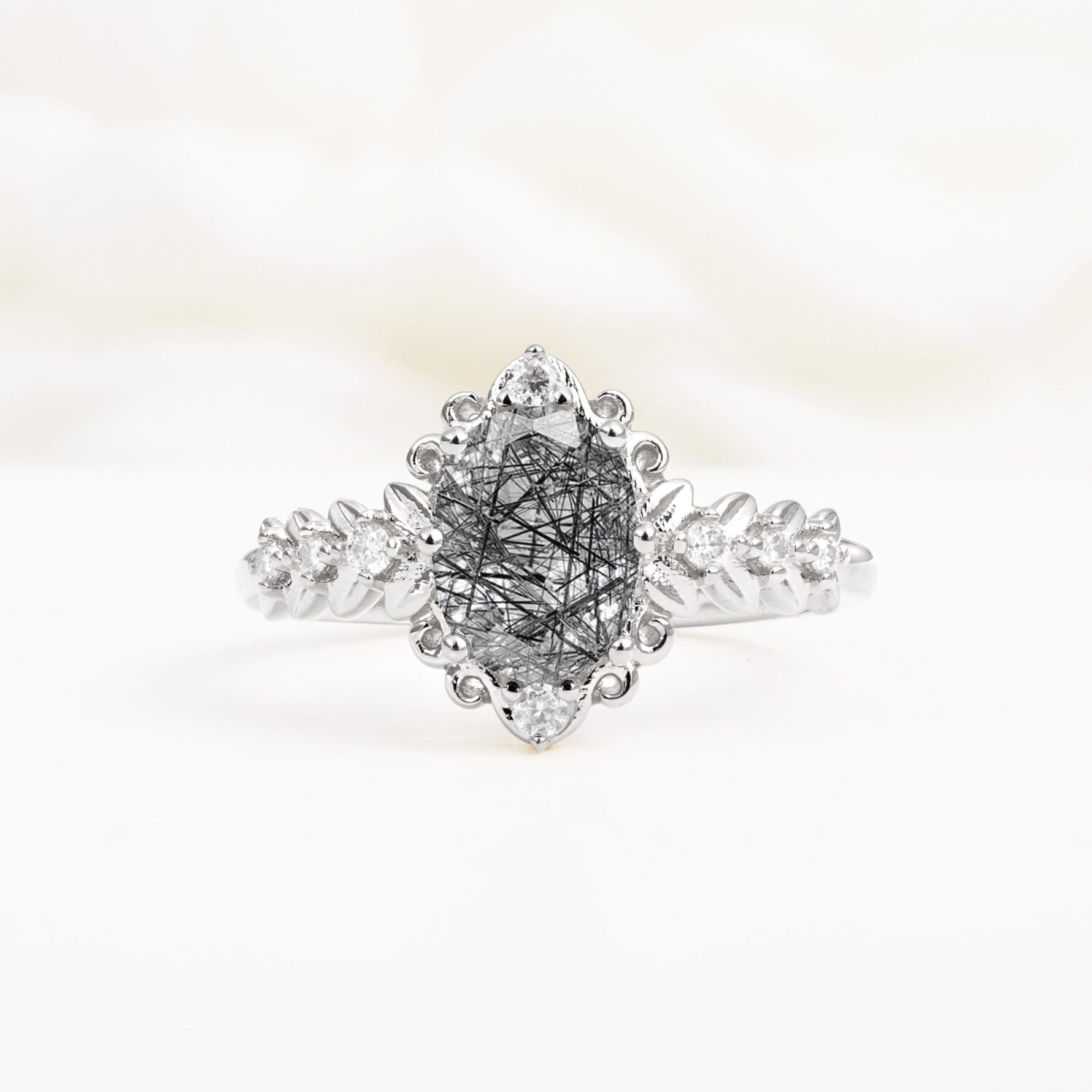 Oval Cut Black Rutilated Quartz Floral Leaf Halo Engagement Ring - Additional view