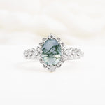 Oval Cut Moss Agate Floral Leaf Halo Engagement Ring - Additional view