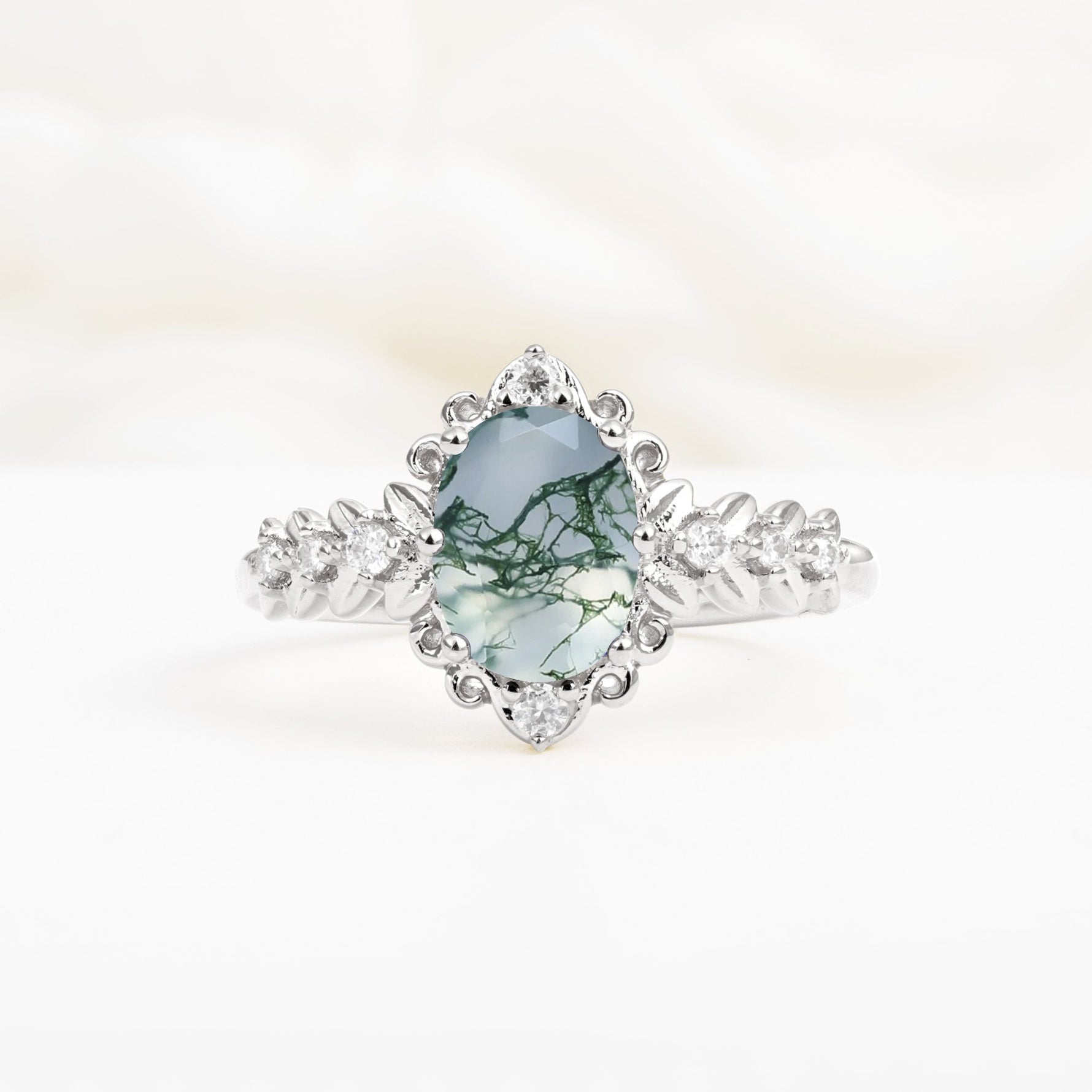 Oval Cut Moss Agate Floral Leaf Halo Engagement Ring - Additional view
