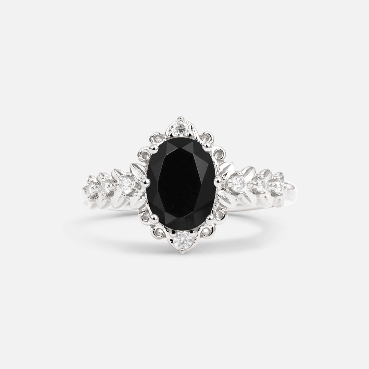 Oval Cut Black Onyx Floral Leaf Halo Engagement Ring - Additional view