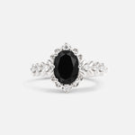 Oval Cut Black Onyx Floral Leaf Halo Engagement Ring - Additional view