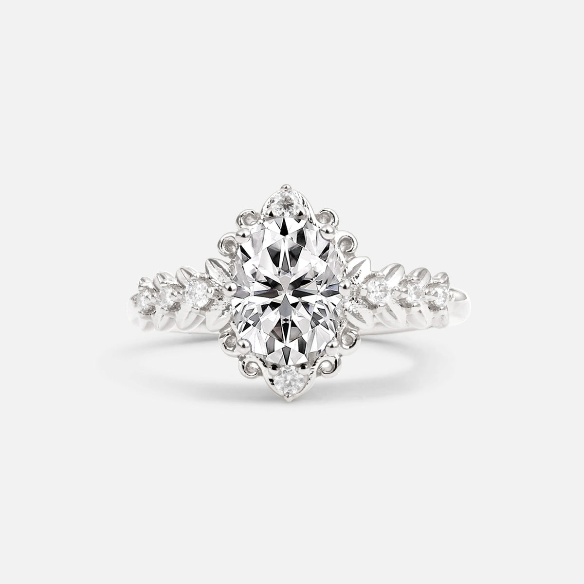 Oval Cut Lab Diamond Floral Leaf Halo Engagement Ring - Additional view