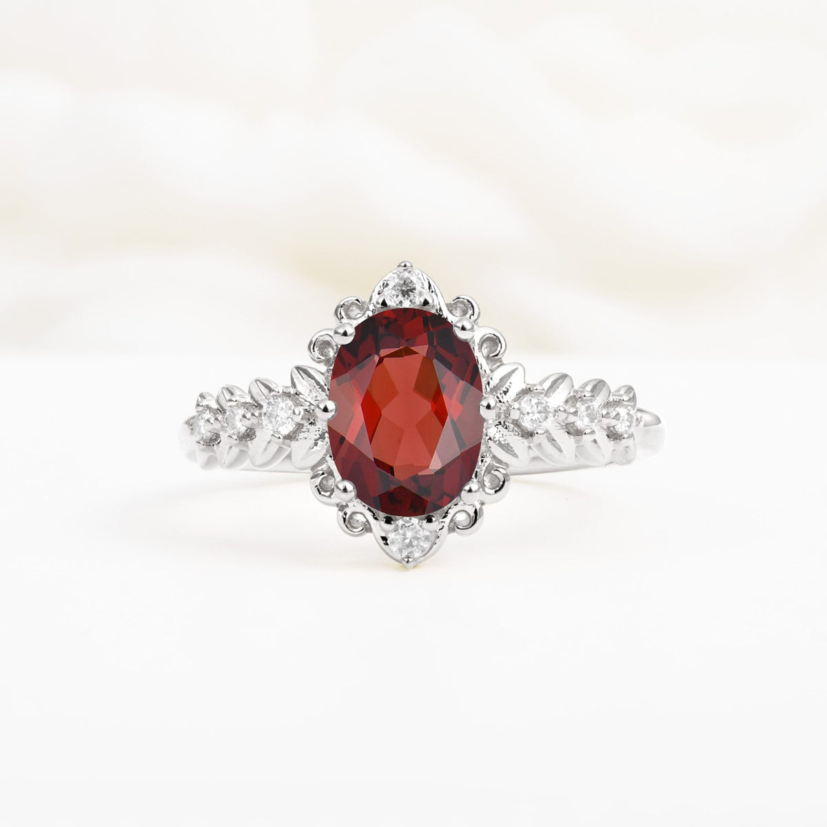 Oval Cut Garnet Floral Leaf Halo Engagement Ring - Additional view