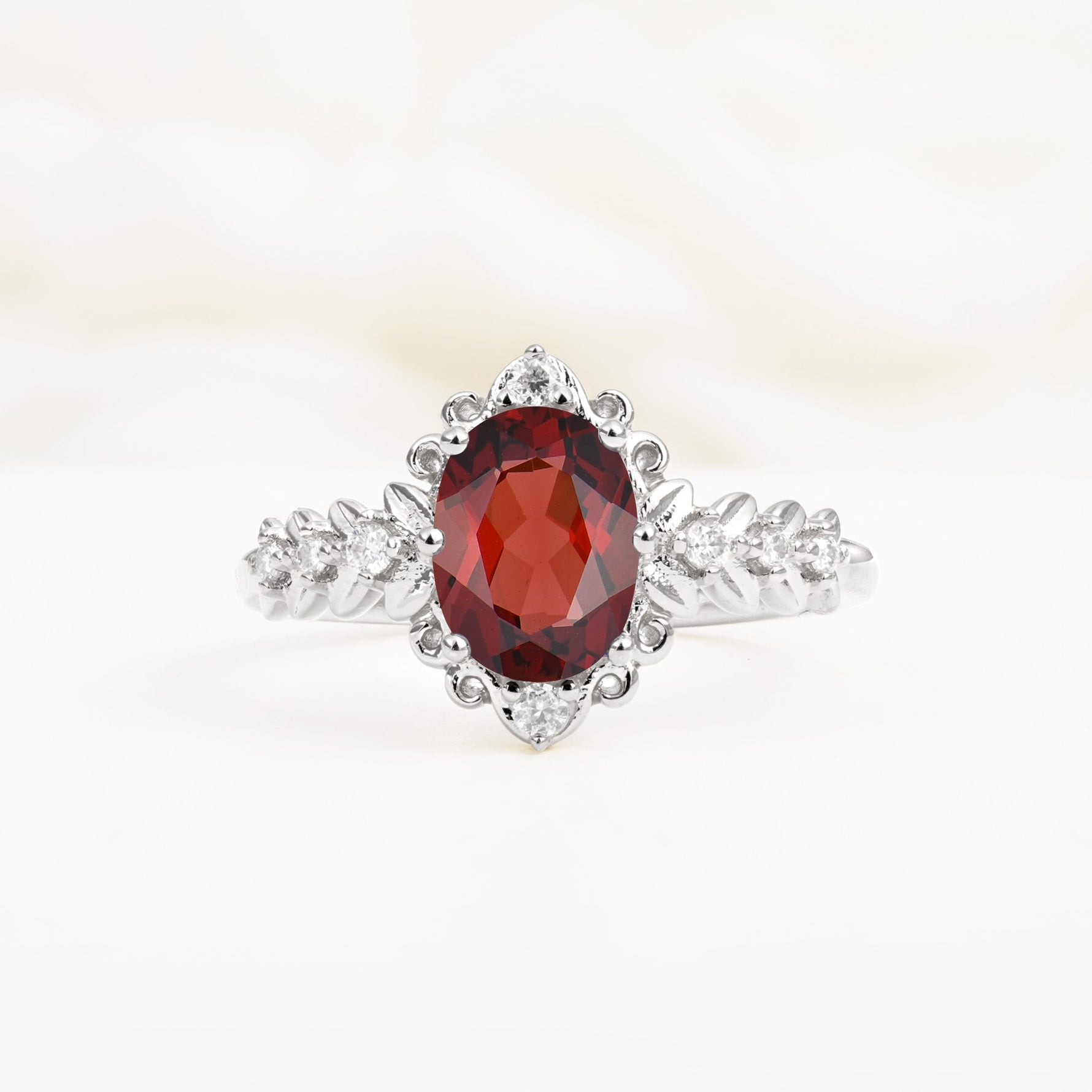 Oval Cut Garnet Floral Leaf Halo Engagement Ring - Additional view