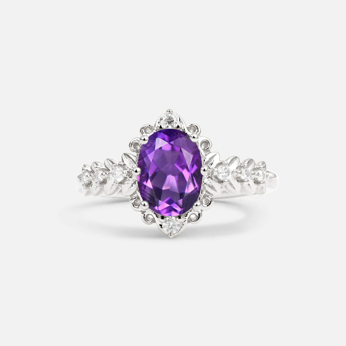 Oval Cut Amethyst Floral Leaf Halo Engagement Ring - Additional view