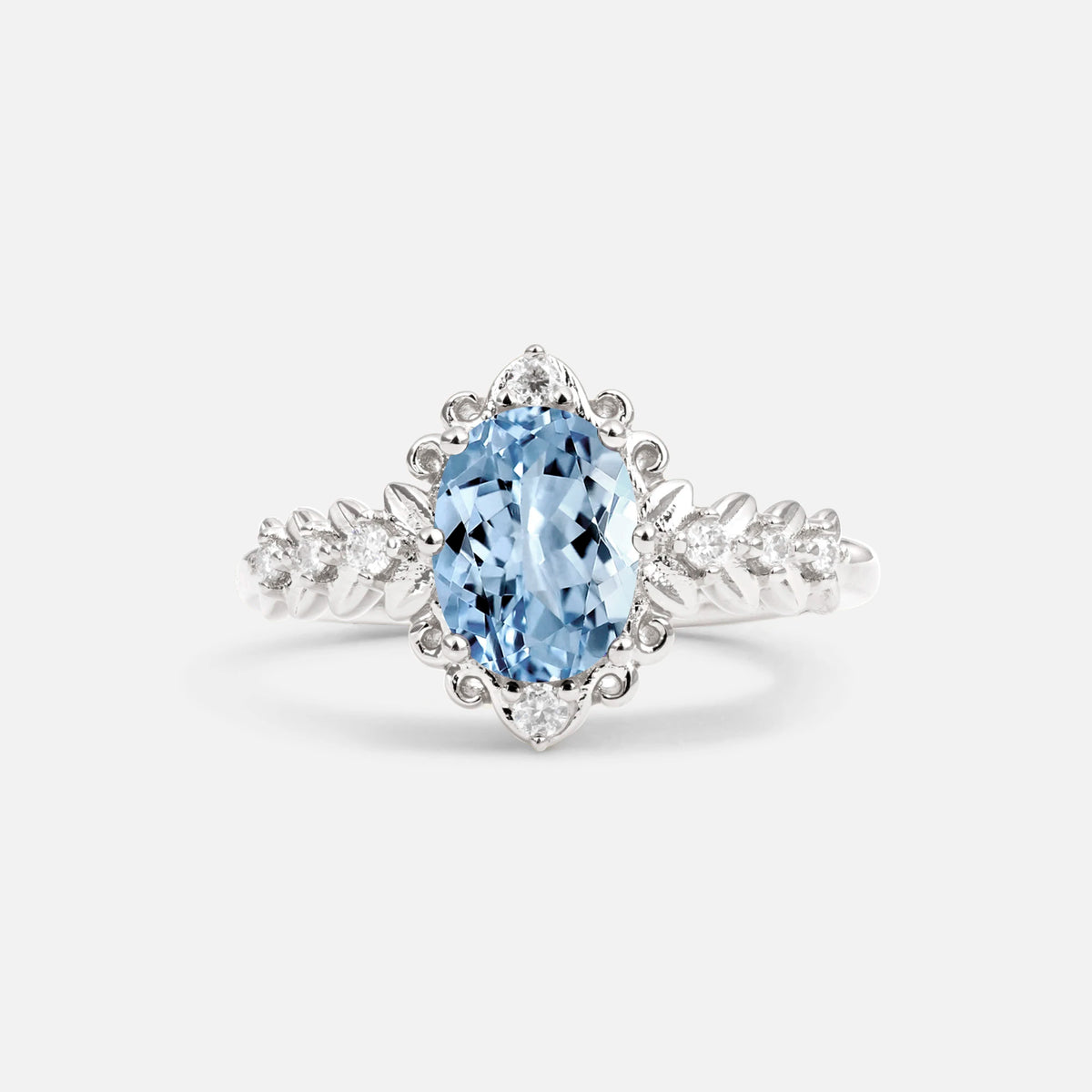 Oval Cut Aquamarine Floral Leaf Halo Engagement Ring - Additional view