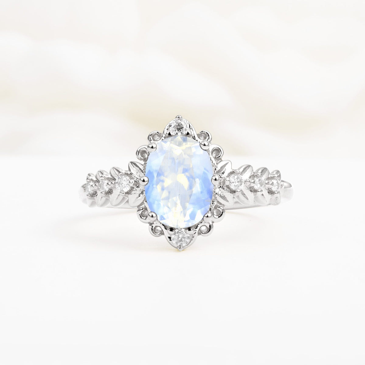 Oval Cut Moonstone Floral Leaf Halo Engagement Ring - Additional view