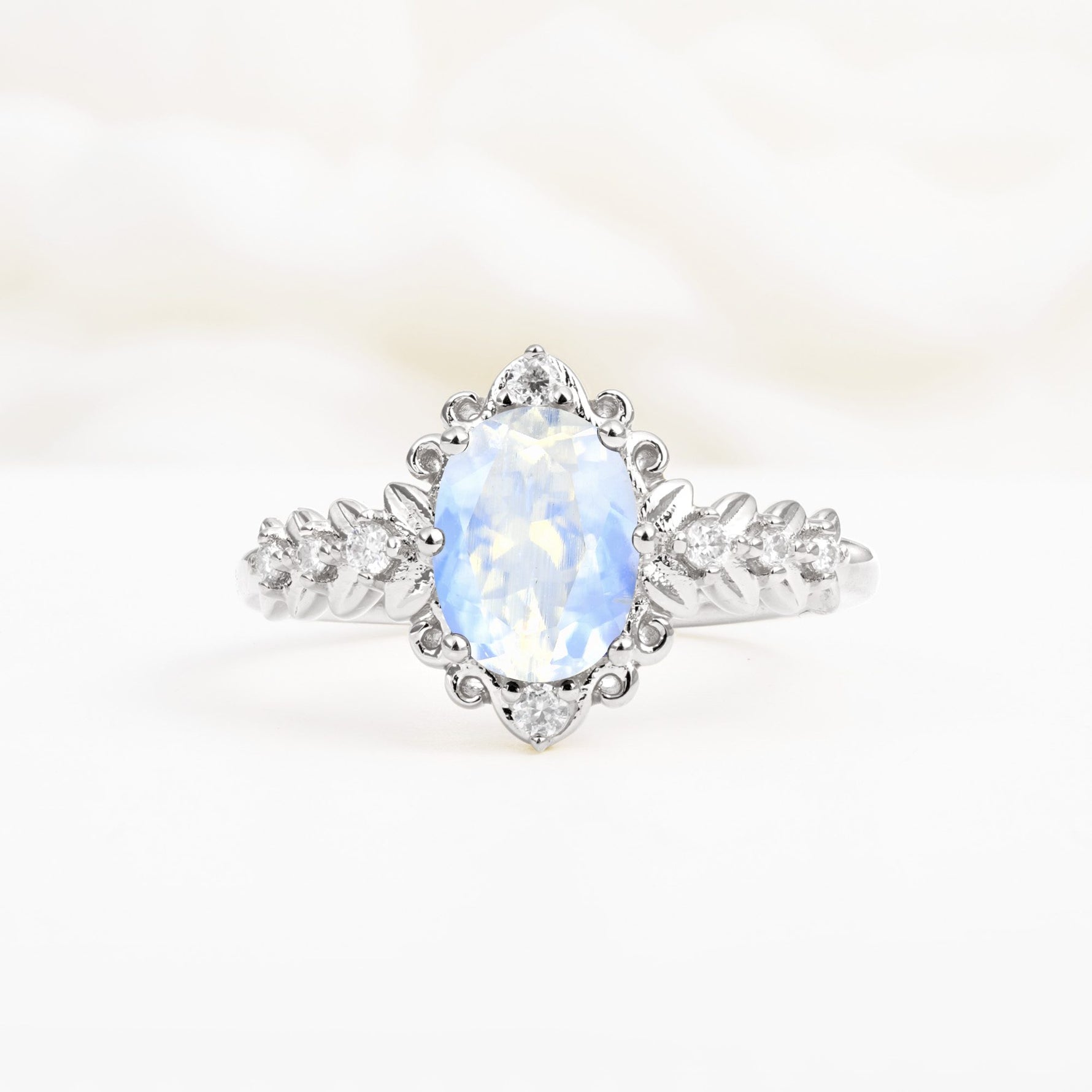 Oval Cut Moonstone Floral Leaf Halo Engagement Ring - Additional view