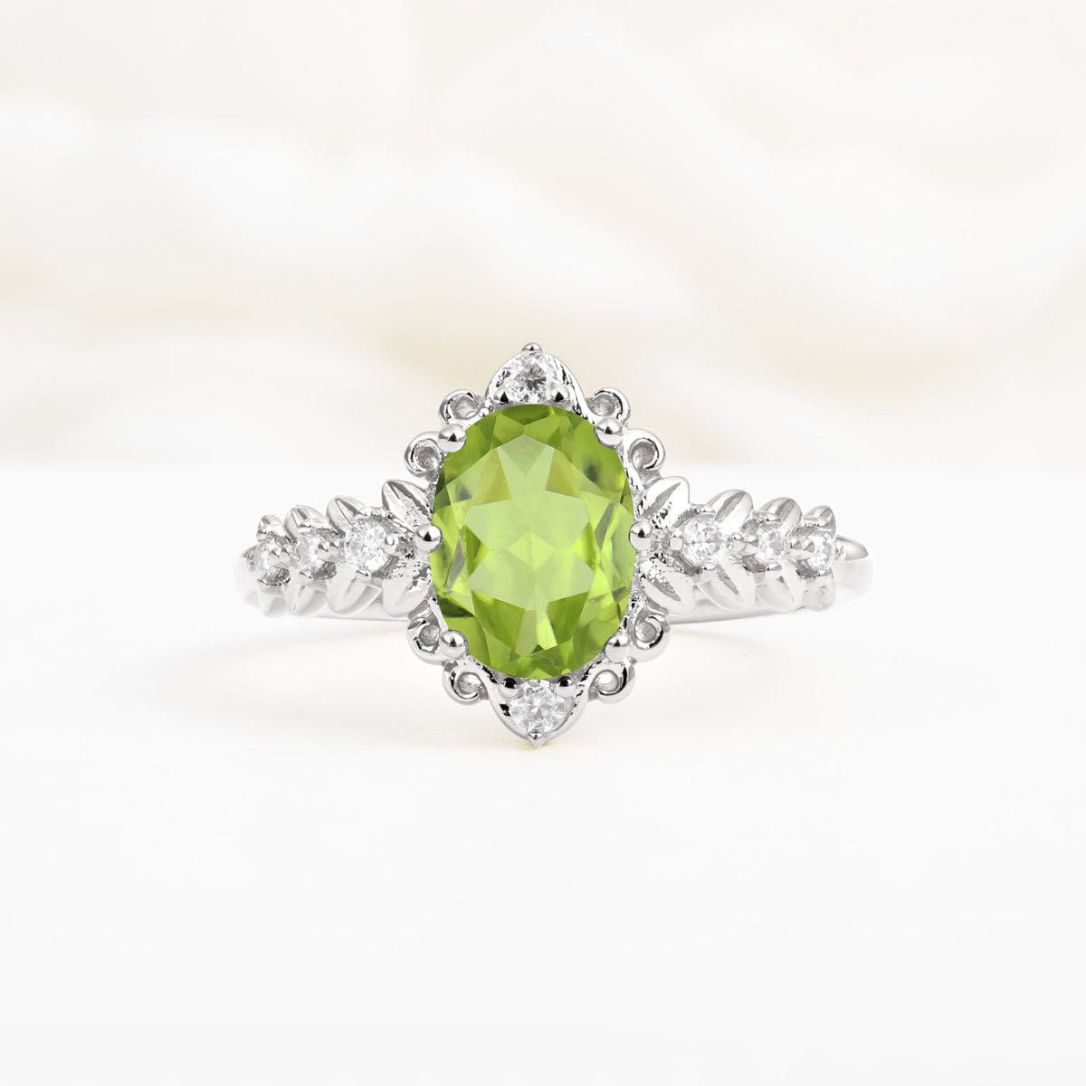 Oval Cut Peridot Floral Leaf Halo Engagement Ring - Additional view