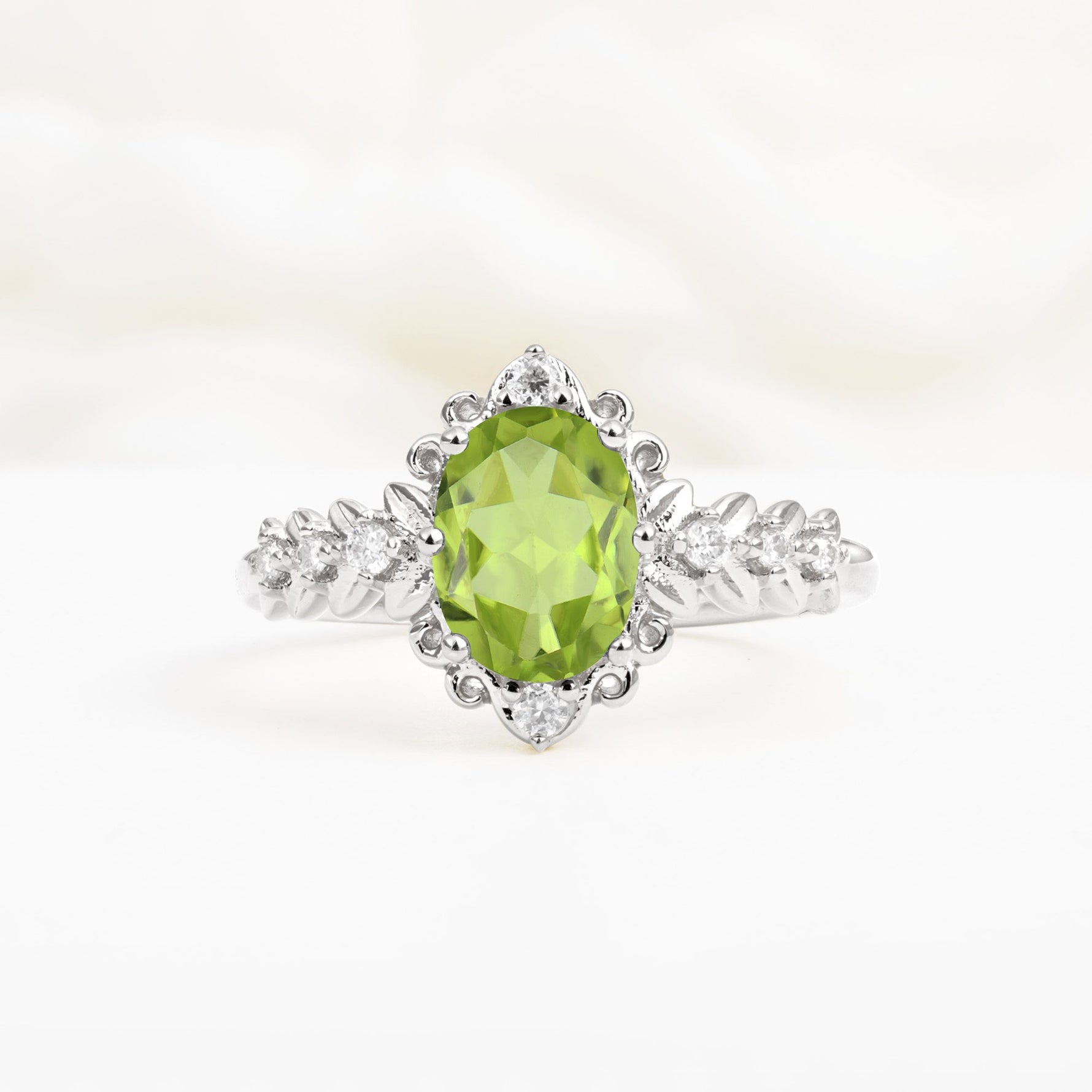 Oval Cut Peridot Floral Leaf Halo Engagement Ring - Additional view