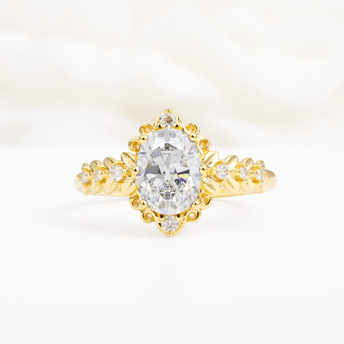 Oval Cut Moissanite Floral Leaf Halo Engagement Ring - Additional view