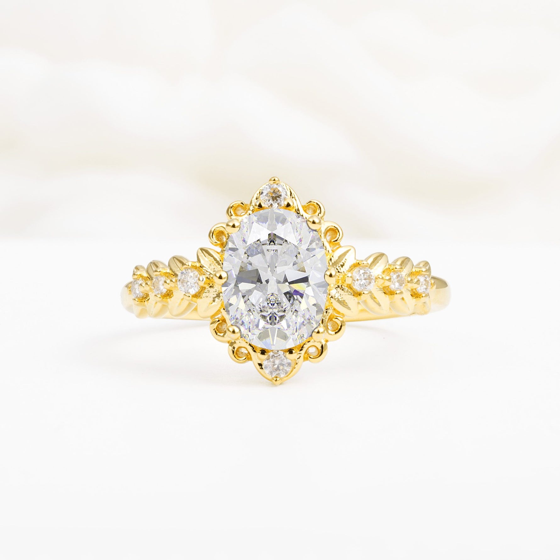 Oval Cut Moissanite Floral Leaf Halo Engagement Ring - Additional view