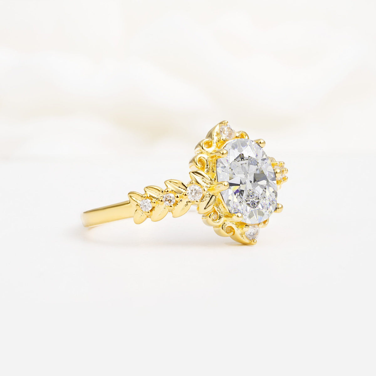 Oval Cut Moissanite Floral Leaf Halo Engagement Ring - Additional view