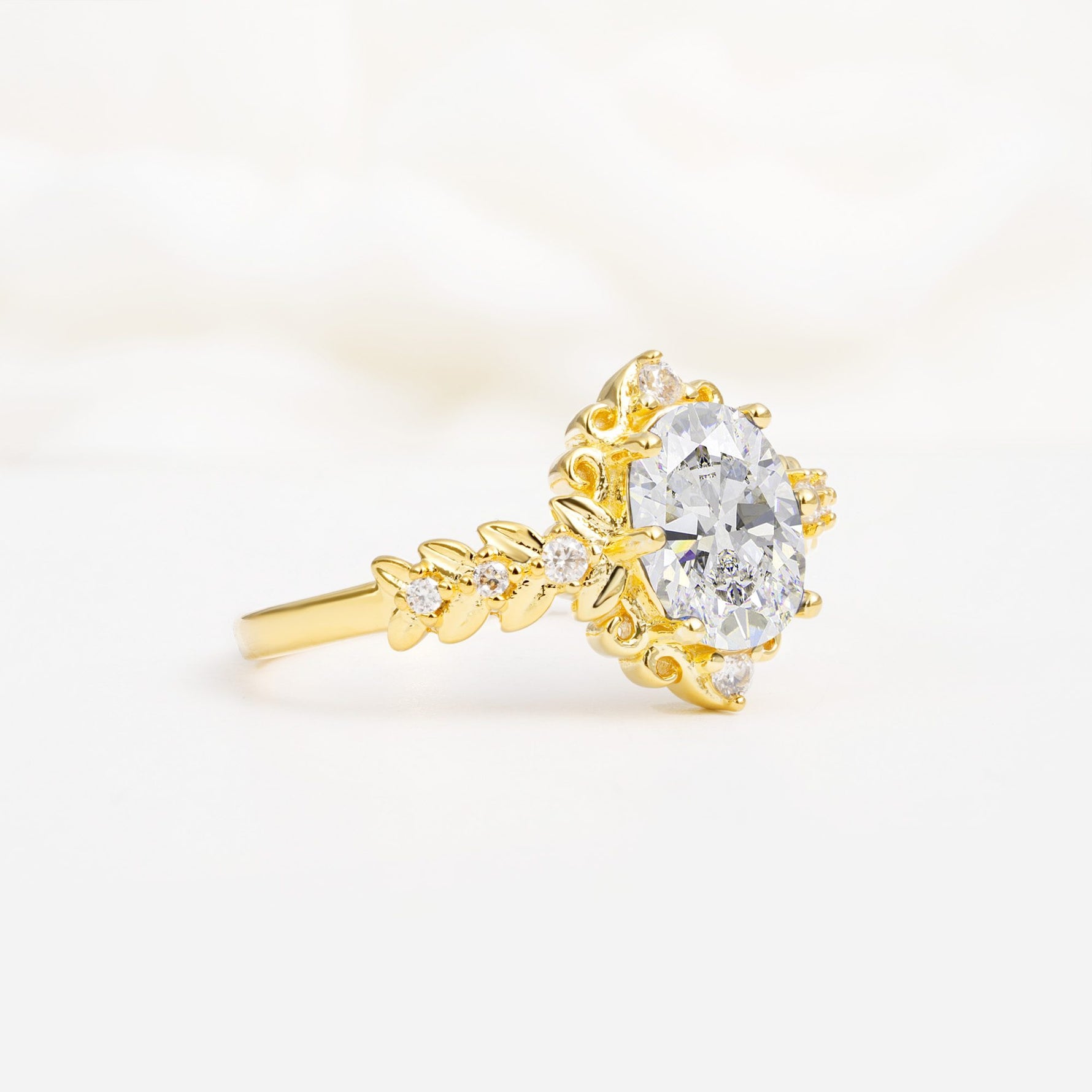 Oval Cut Moissanite Floral Leaf Halo Engagement Ring - Additional view