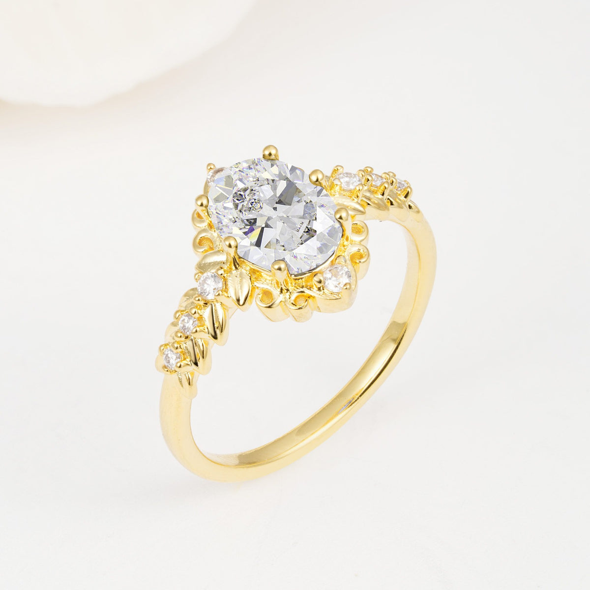 Oval Cut Moissanite Floral Leaf Halo Engagement Ring - Additional view