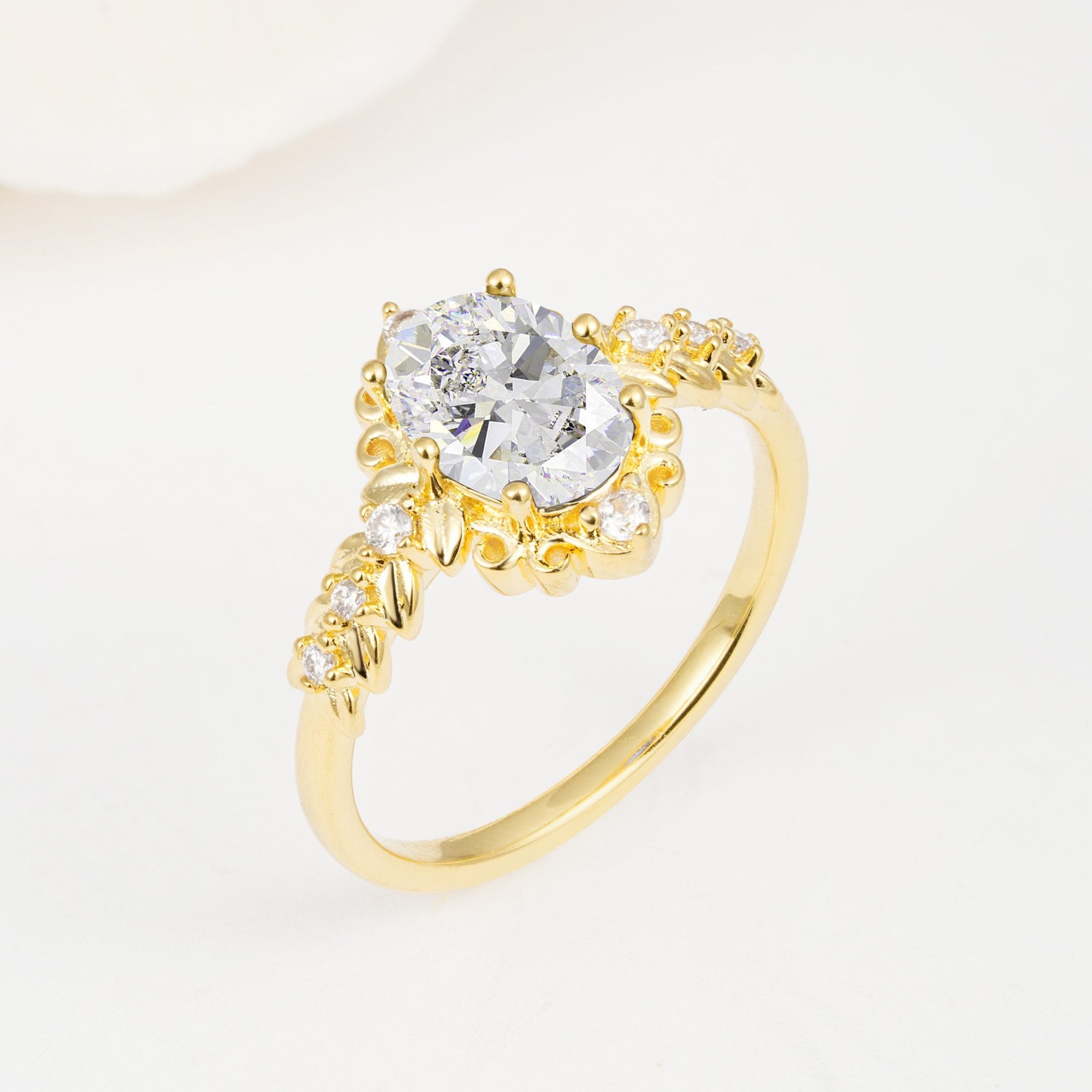 Oval Cut Moissanite Floral Leaf Halo Engagement Ring - Additional view