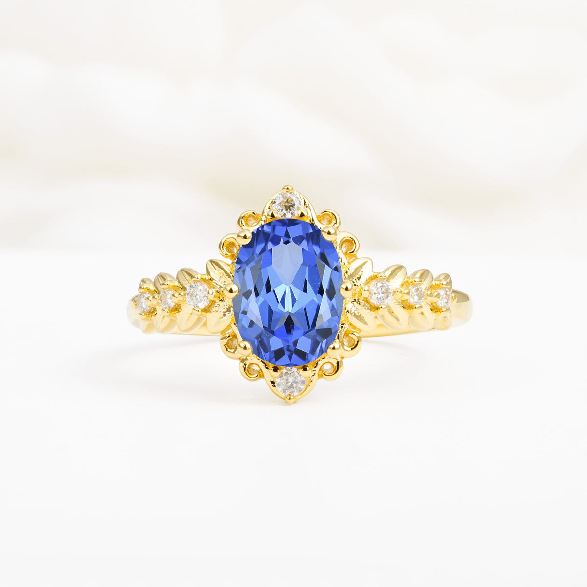 Oval Cut Sapphire Floral Leaf Halo Engagement Ring - Additional view