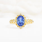 Oval Cut Sapphire Floral Leaf Halo Engagement Ring - Additional view