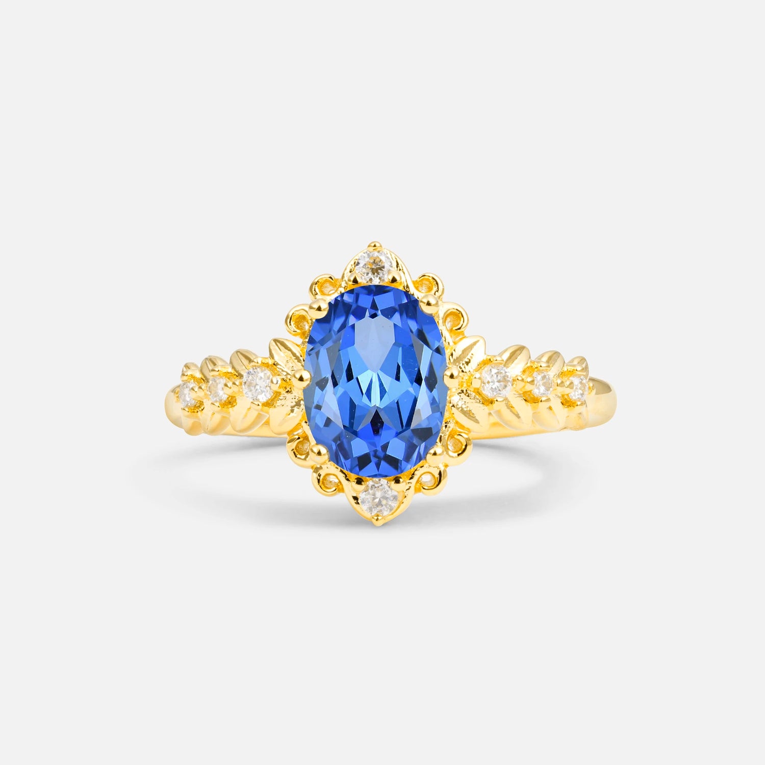 Oval Cut Sapphire Floral Leaf Halo Engagement Ring - Additional view