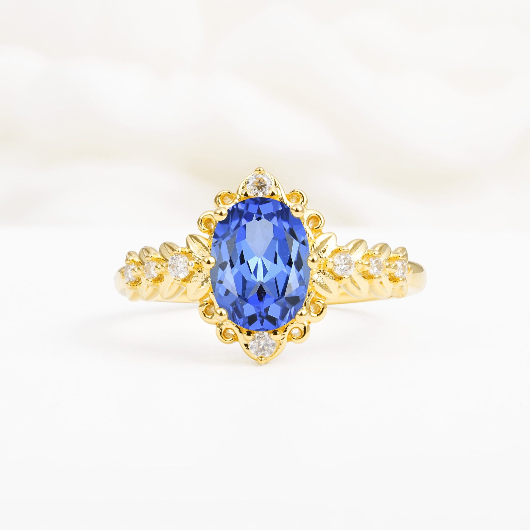 Oval Cut Sapphire Floral Leaf Halo Engagement Ring - Additional view