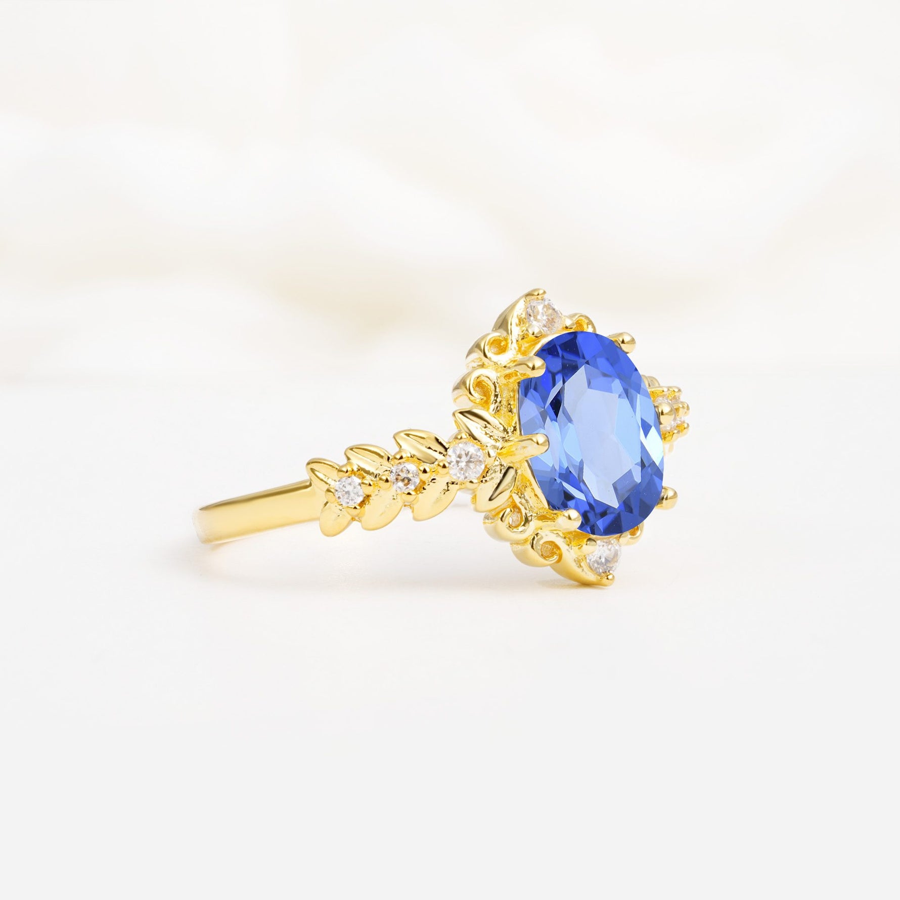 Oval Cut Sapphire Floral Leaf Halo Engagement Ring - Additional view