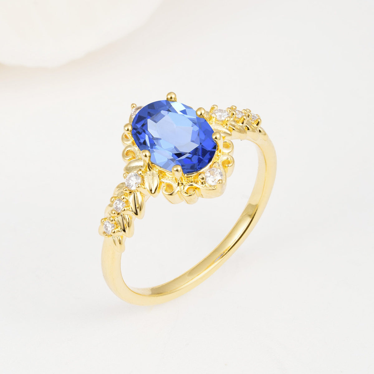 Oval Cut Sapphire Floral Leaf Halo Engagement Ring - Additional view