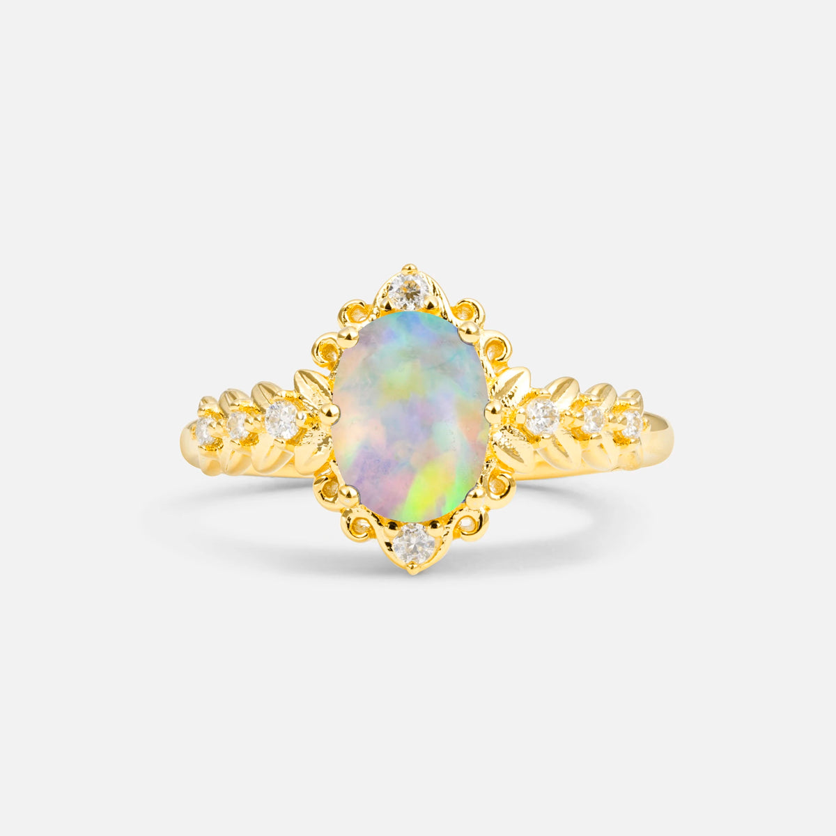 Oval Cut Fire Opal Floral Leaf Halo Engagement Ring - Additional view