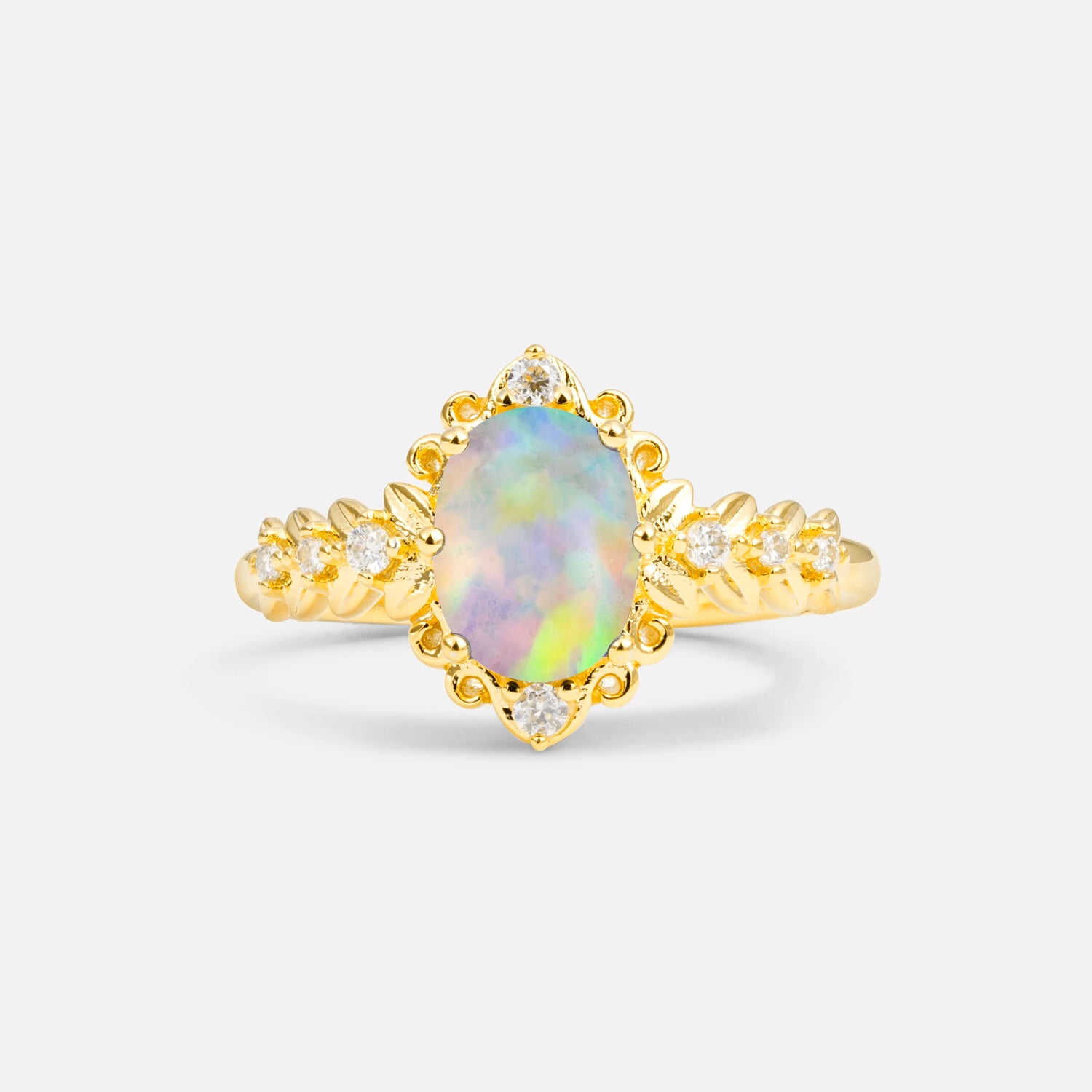 Oval Cut Fire Opal Floral Leaf Halo Engagement Ring - Additional view