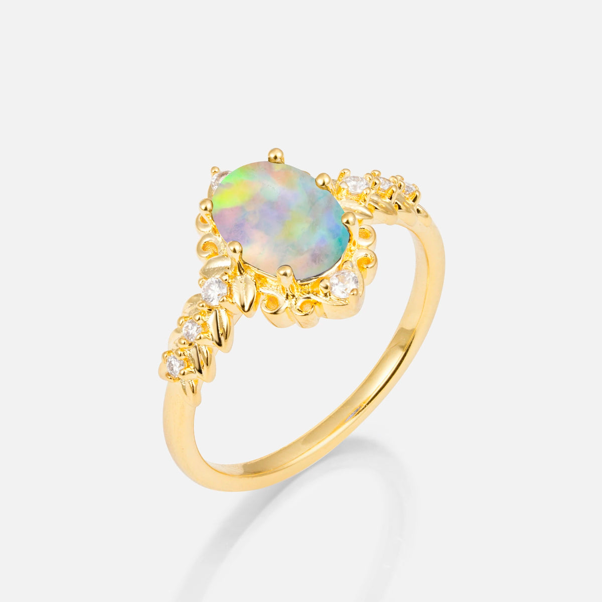 Oval Cut Fire Opal Floral Leaf Halo Engagement Ring - Additional view