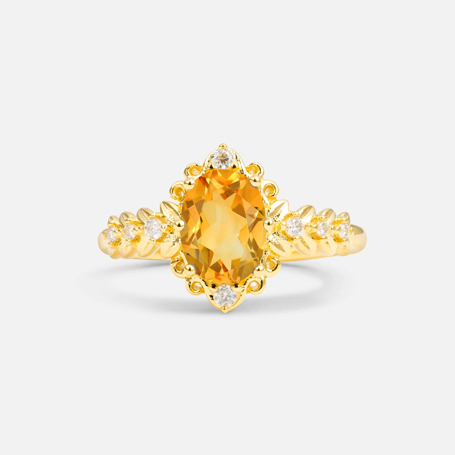 Oval Cut Citrine Floral Leaf Halo Engagement Ring - Additional view