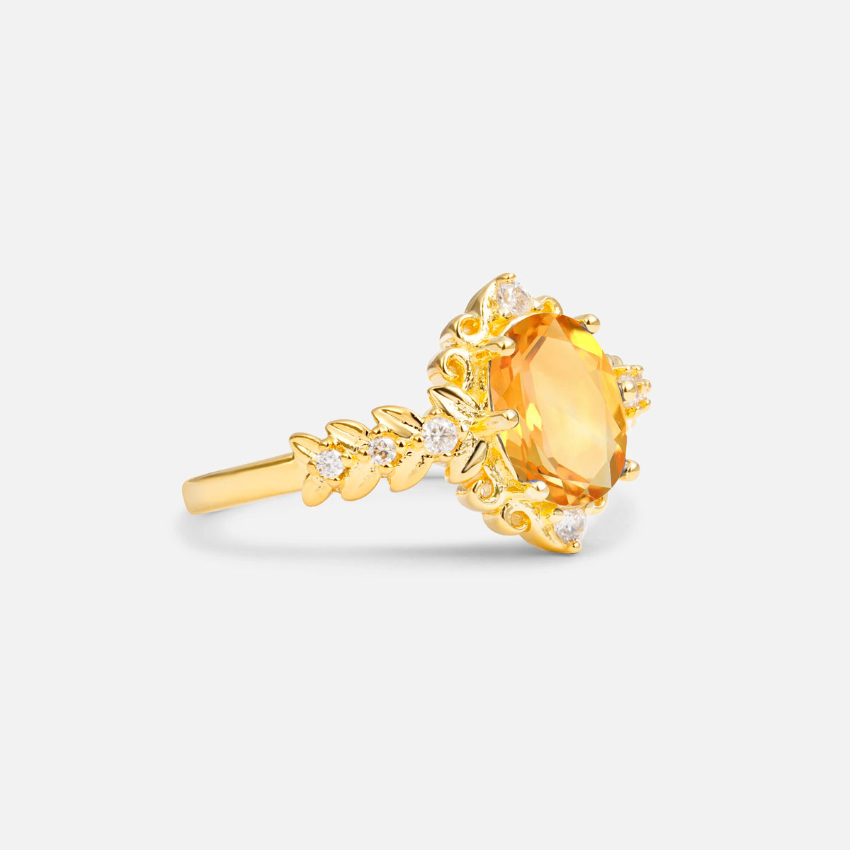Oval Cut Citrine Floral Leaf Halo Engagement Ring - Additional view