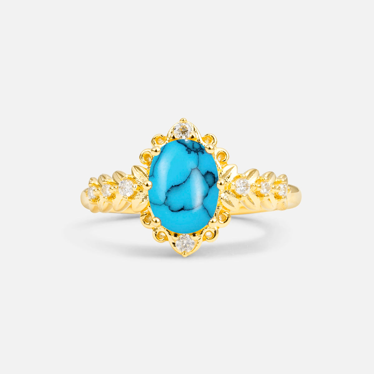 Oval Cut Turquoise Floral Leaf Halo Engagement Ring - Additional view