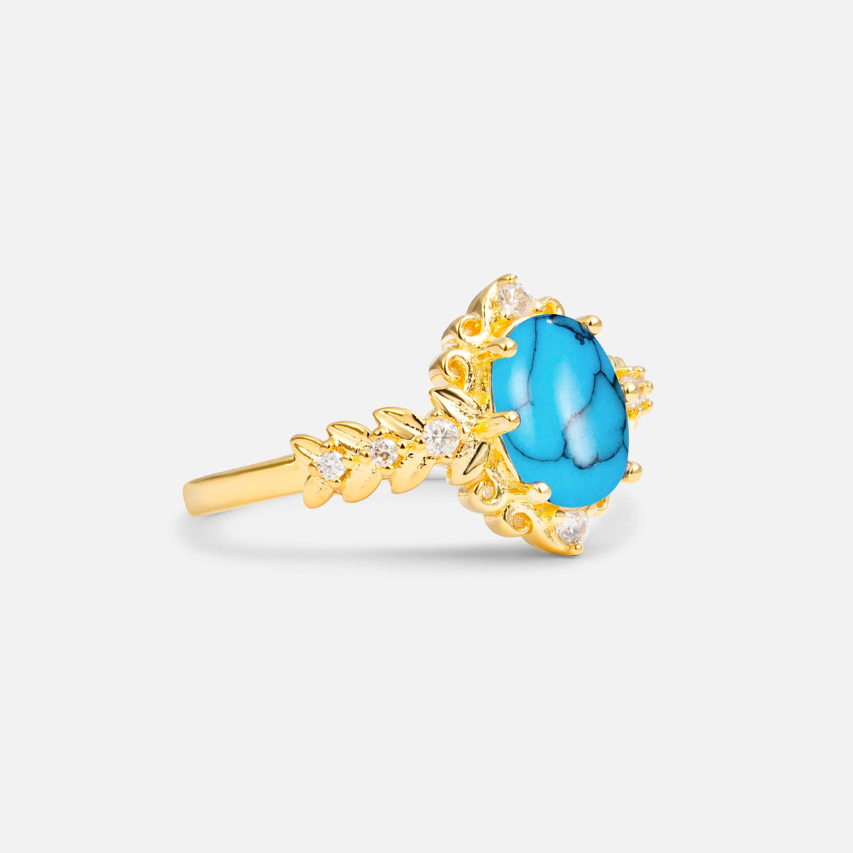 Oval Cut Turquoise Floral Leaf Halo Engagement Ring - Additional view