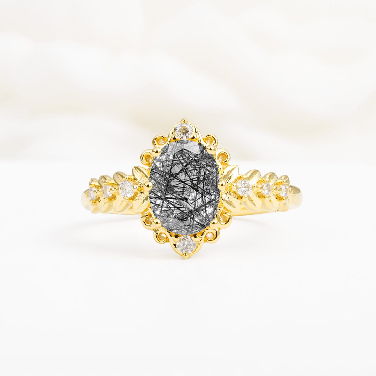 Oval Cut Black Rutilated Quartz Floral Leaf Halo Engagement Ring - Additional view