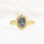 Oval Cut Black Rutilated Quartz Floral Leaf Halo Engagement Ring - Additional view