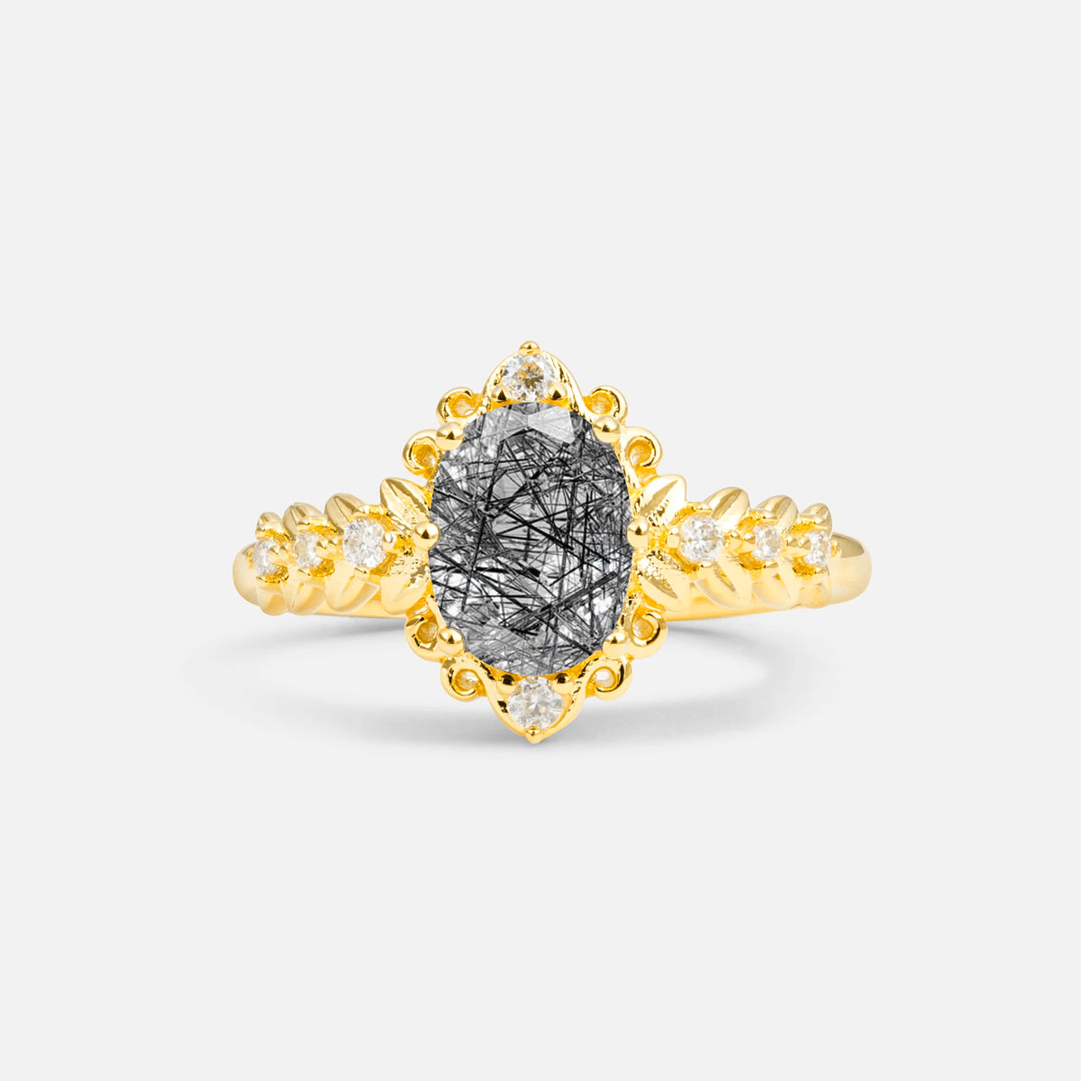 Oval Cut Black Rutilated Quartz Floral Leaf Halo Engagement Ring - Additional view