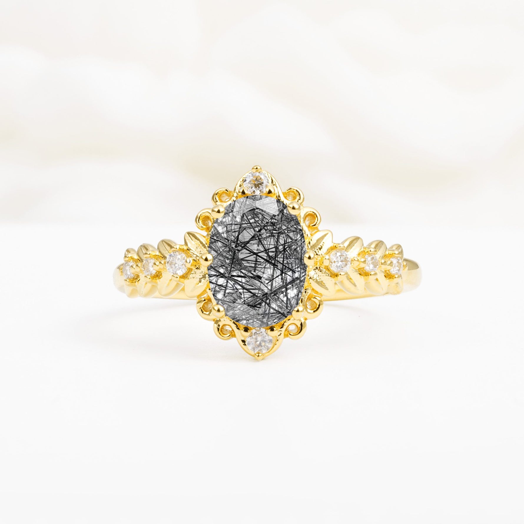 Oval Cut Black Rutilated Quartz Floral Leaf Halo Engagement Ring - Additional view